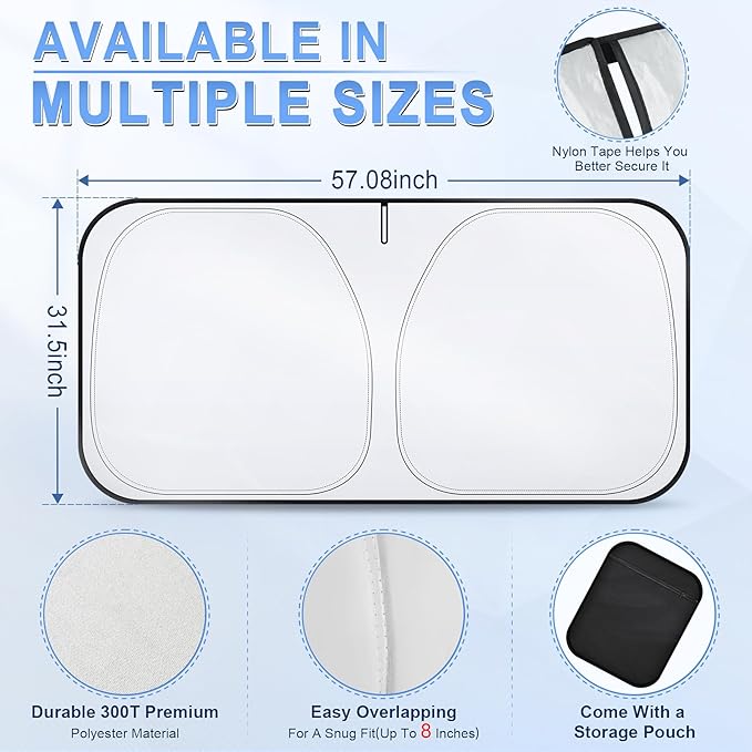LivTee Car Windshield Sun Shade–300T Polyester, Double-Layer Design, Foldable Sunshade for Small Sedans & Mini SUV, UV & Heat Protection, Automotive Interior Sun Shield, Car Accessories(57.08"x31.5")