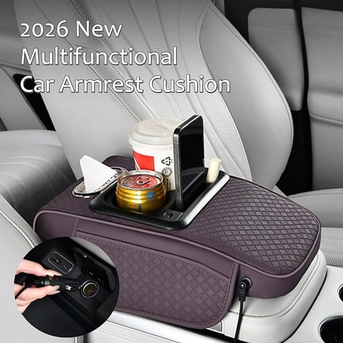 2026 Enhanced Car Center Console Armrest Cushion with USB& Type-C Charging, PU Leather Console Pad with Cup Holders, Storage& Tissue Outlet for Most Vehicles (Sloped Version, Plum Purple)