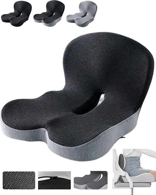 Orthopedic Cushion, Ergonomic Orthopedic Cushion for Tailbone Pain Relief, with Memory Foam, Car Seat Cushion with Waist Support, Non-Slip, Breathable, Washable Cover (Black-Gray)