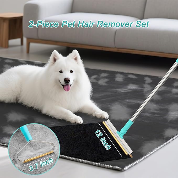 Carpet Rake for Pet Hair Removal Tool - Reusable Dog Cat Hair Remover Scraper with Adjustable Long Handle, Carpet Clean Brush & Broom for Rugs, Mats, Couch, Furniture and Car Interiors
