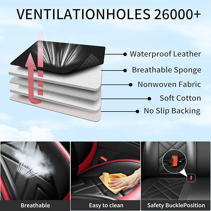 Car Seat Covers Fit for Mazda 3 2007-2025 2026, Premium Leather, Full Coverage Leather Waterproof Breathable Seat Cover, Automotive Seat Protectors, Airbag Compatible(Full Set Seats, Black Red)