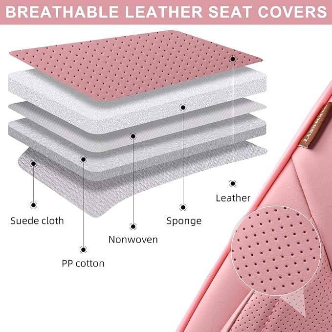 Pink Car Seat Covers Front Pair, Breathable Leather Automotive Front Seat Covers & Headrest for Comfortable Driving, Universal Auto Interior Fit for Most Kinds of Vehicles