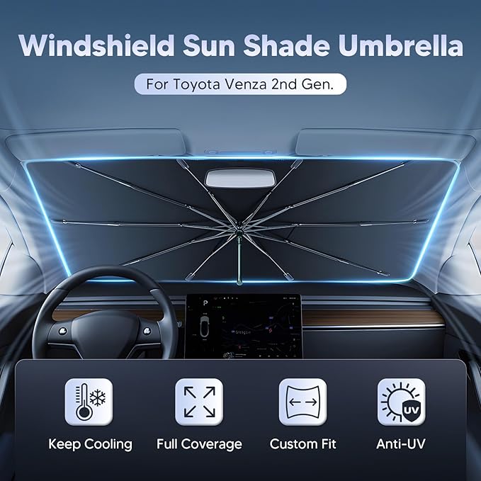 Autorder Windshield Sun Shade Umbrella for 2021-2025 Toyota Venza Accessories,Upgraded Ice Crystal Material,Easy Setup Umbrella Sunshade for Car Windshield,100% Sun Blocking