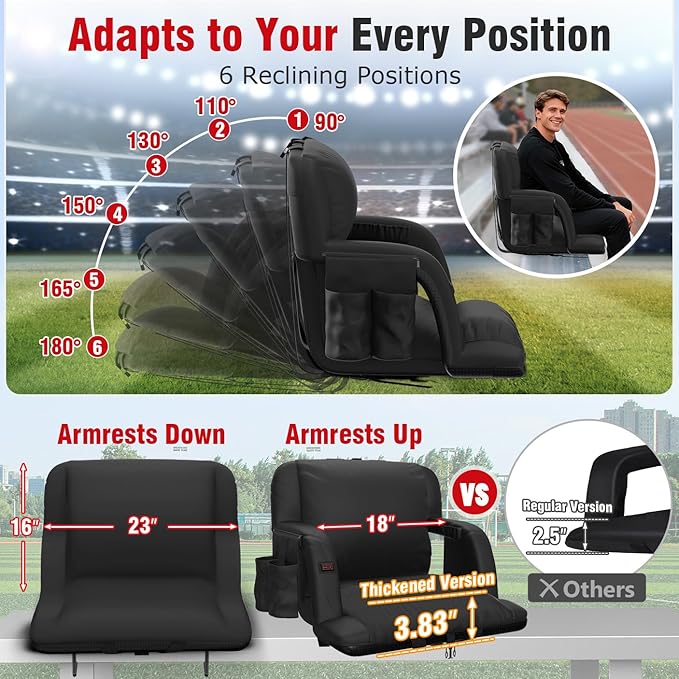 Suteck Extra Wide Heated Stadium Seats with Back Support, Portable Sofa Style Bleacher Chair with Back and Cushion, Armrest, Ideal for Outdoor Stadiums and Events -23" Wide 1 Pcs