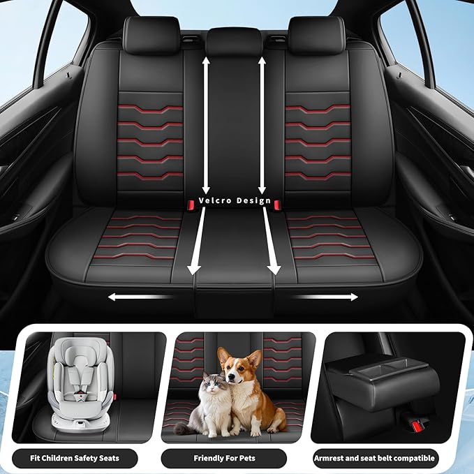 Fit Frontier Car Seat Covers Compatible with Nissan Frontier 2010-2025 2026 -Full Set Premium Leather， Waterproof Breathable， All-Weather Seat Cushion Protecto&Airbag Compatible（Red Line Black