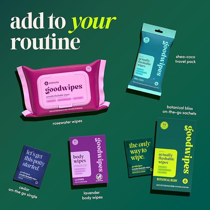 goodwipes Flushable Butt Wipes - Vitamin E & Aloe - Sewer & Septic Safe - Extra Large Adult Wet Wipes For Women & Men - Toilet Essential - Botanical Bliss, 153 Count (3 Packs + 3 Individually Wrapped)