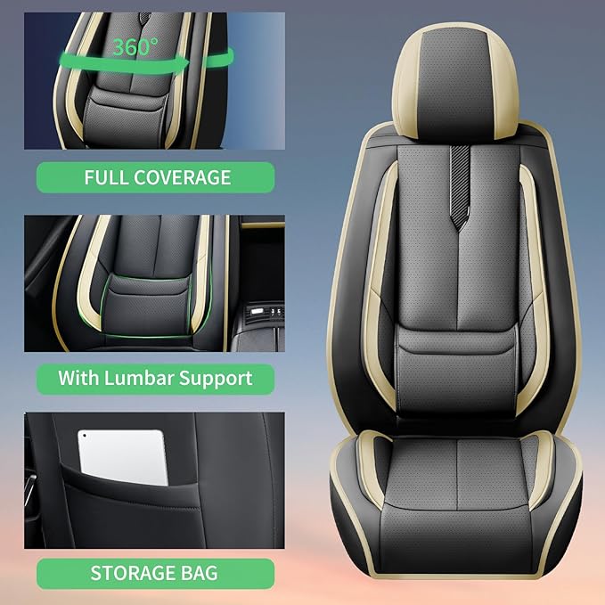 Fit Elantra Car Seat Covers for Hyundai Elantra 2017-2024 2025 2026 -Upgraded Premium Waterproof & Breathable Leather,Airbag Compatible,All-Weather Seat Cushion Protector,Full Set,Black-Beige