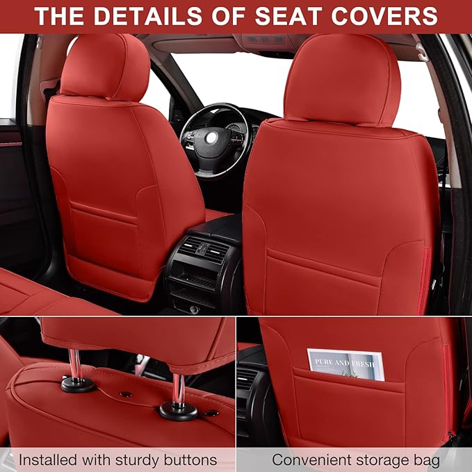 Martha Red Car Seat Covers Full Set, Breathable Leather Automotive Front and Rear Seat Covers & Headrest for Comfortable Driving, Universal Auto Interior Fit for Most Kinds of Vehicles, Cars