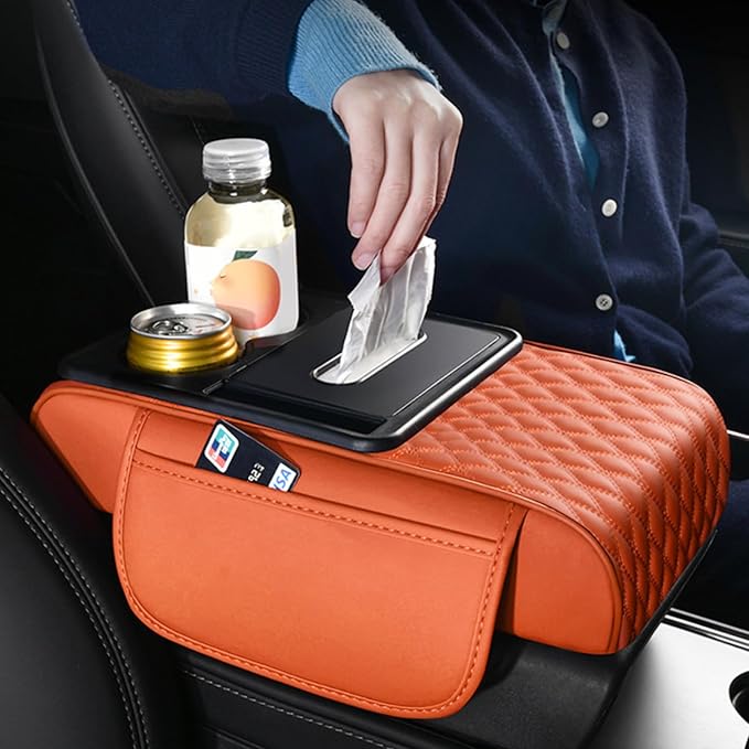 5-in-1 Car Armrest Pad Cushion, Water Ripple Embossed Center Console Booster Pad with Tissue Box, Cup Holder, Storage Bag, Phone Slot, Fit for Most Sedan Vehicles (Water Ripple Series, Orange)