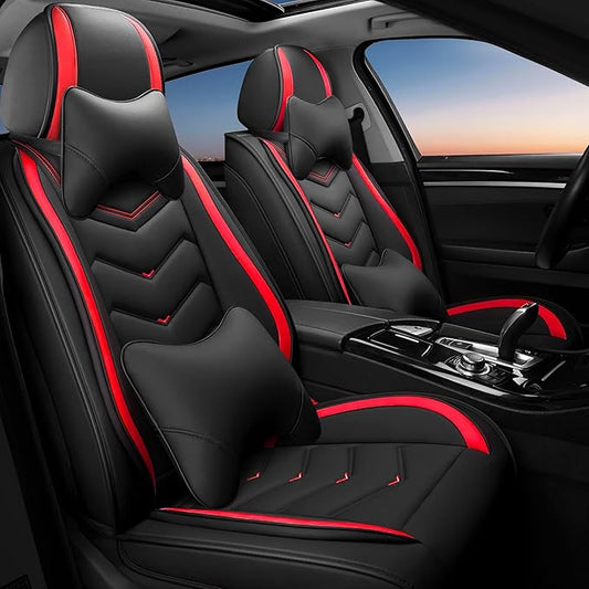 Car Seat Covers Fit for Toyota rav4 2000-2026, Stylish Sport Seat Covers, Waterproof Wear-Resistant Premium Nappa Leather Car Seat Cover.(2 Pcs Front with Pillow/Black Red)