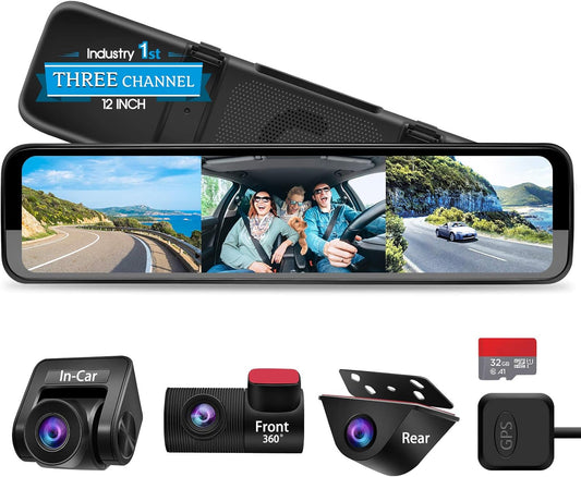 PORMIDO Triple Mirror Dash Cam 12" with Detached Front and in-Car Camera,Waterproof Backup Rear View Dashcam Anti Glare 1296P IPS Touch Screen with Sony Sensor,Starvis Night Vision,GPS,Parking Assist