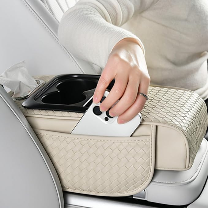 Car Armrest Cushion Cover Car Center Console Memory Foam Booster Pad with Storage Pocket and Tissue Hole for Sedan Vehicle (Cupholder - Grey, 13.39 * 7.68 * 2.95'' / 34 * 19.5 * 7.5cm)