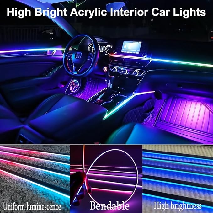 Interior Car LED Strip Lights,Acrylic LED Lights for Car with Dynamic Dreamcolor Chasing,235 inches 8 in 1 RGB Neon Strip Fiber Optic Ambient Lighting Kits with Remote APP, for Inside car Decorations