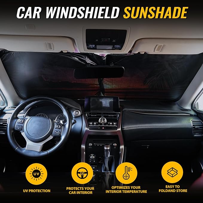 Car Windshield Sun Shade - Reflector Sunshade Offers Ultimate Protection for Car Interior, Cool Reflective Sun Blocker Fits Small Sedans, Mini SUVs