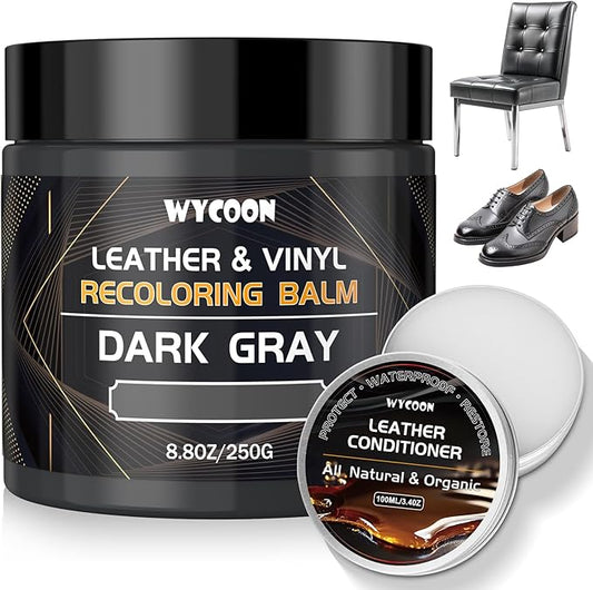 Leather Recoloring Balm with 100ml Mink Oil Conditioner | Dark Gray Repair Kit, Dye & Color Restorer for Furniture, Sofa, Car Seats, Bags | Restore Faded & Scratched Surfaces