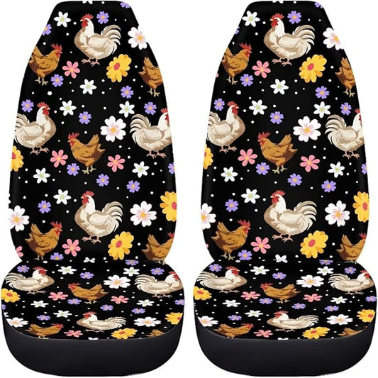 BIGCARJOB Boho Chicken Car Seat Protector - Full Set of 2 Pieces Hippie Daisy Chicken Vehicle Bucket Seat Pad for Women's Auto Interior
