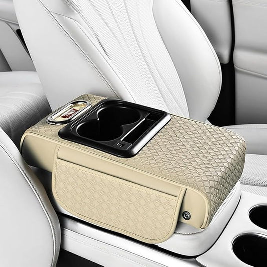 2026 Enhanced Car Center Console Armrest Cushion with USB& Type-C Charging, PU Leather Console Pad with Cup Holders, Storage& Tissue Outlet for Most Vehicles (Flat Version, Light Beige)
