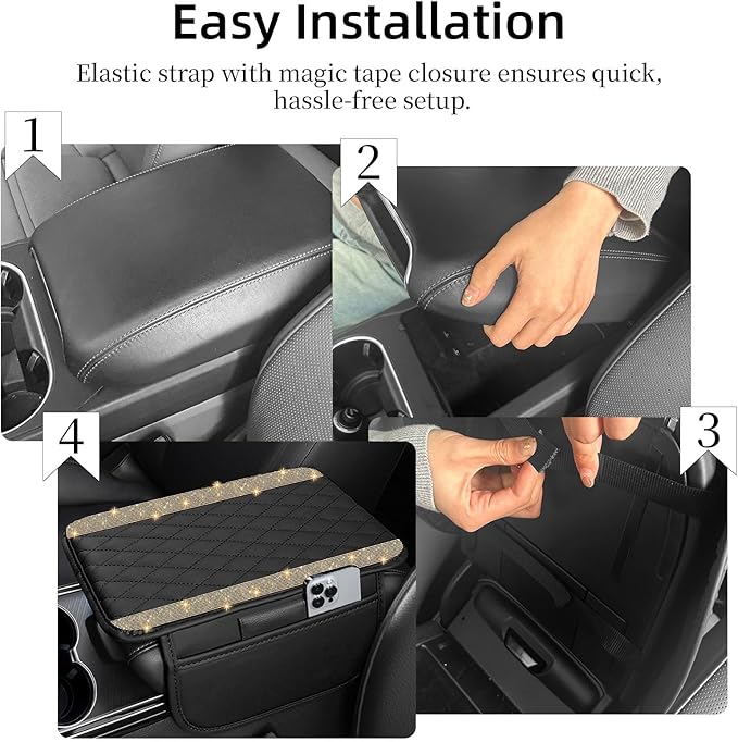 NBTEPEM Bling Car Center Console Cover, Leather Car Arm Rest Cover Cushion with 2 Storage Bags, Universal Auto Armrest Protector, Bling Accessories Interior for Most Vehicles(Gold Champagne Diamond)
