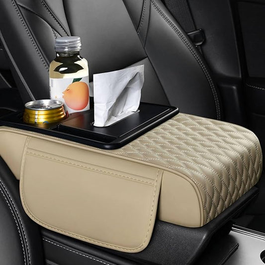 5-in-1 Car Armrest Pad Cushion, Water Ripple Embossed Center Console Booster Pad with Tissue Box, Cup Holder, Storage Bag, Phone Slot, Fit for Most Sedan Vehicles (Water Ripple Series, Beige)