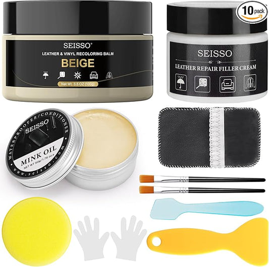 SEISSO Leather Repair Kit for Furniture, Beige Vinyl Repair Kit with Mink Oil for Couches, Color Restorer Conditioner, Leather Recoloring Balm for Scratches, Fading Shoes, Car Seat, Sofa