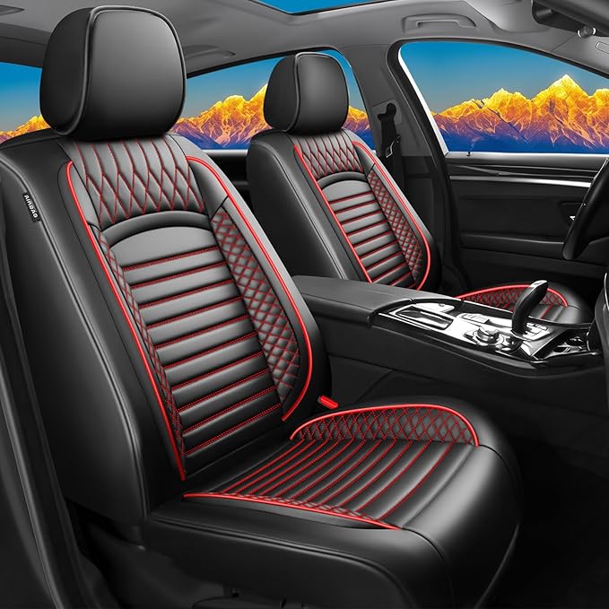 Fit Kona Car Seat Covers for Hyundai Kona 2018-2024 2025 2026 - Upgraded Premium Waterproof & Breathable Leather, Airbag Compatible, All-Weather Seat Cushion Protector(2 Front/Black+Red)