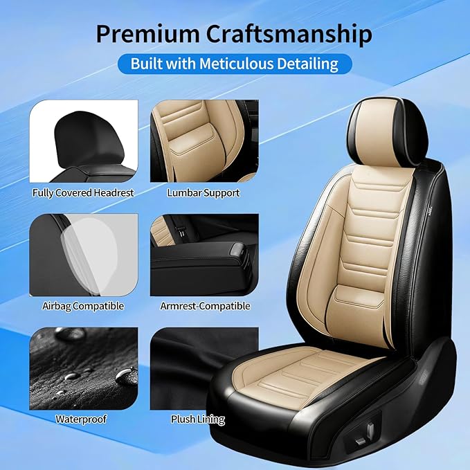 Fit Mazda 6 Car Seat Covers for Select Mazda 6 2007-2021, Premium Full Coverage Leather, Airbag Compatible, Luxury Waterproof All Weather Seat Cushion Protector, Full Set, Black+Beige