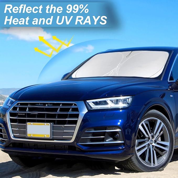 Custom Sunshade Windshield Sun Shade for 2018-2023 2024 2025 2026 Audi Q5 Q8 SUV Accessories Front Window Shades Cover for Windshield Sun Visor Screen Foldable 2 Layers 210T Protector Blocks UV Rays