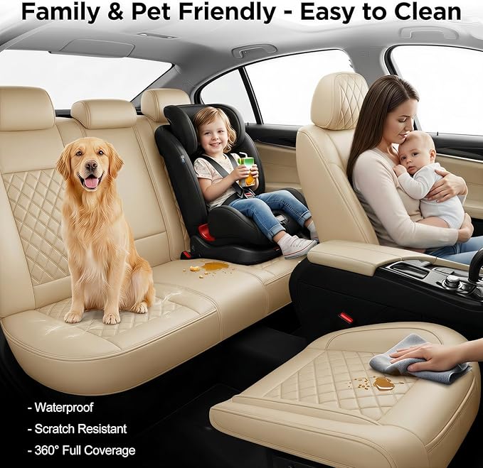 Fit for Equus Seat Covers Compatible with Hyundai Equus 2011-2016 - Waterproof Breathable Leather Automotive Seat Cushions Protector,Airbag Compatible,Full Set 5 Seats(Beige)