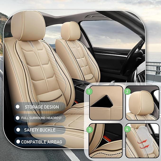 Leather Car Seat Covers Fit for Toyota Yaris Sedan 2019-2020, 5 Seater Car Seat Cover, Premium Waterproof, Scratch Resistant Car Interior Accessories (Full Set Beige)