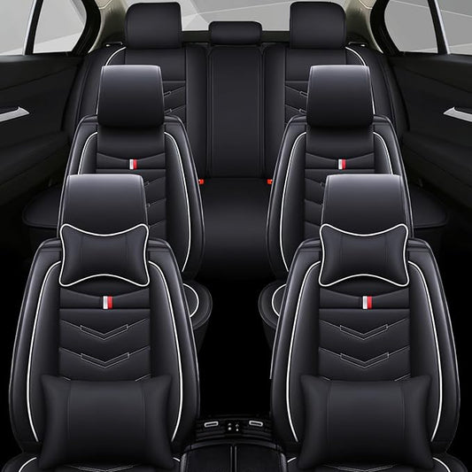 Car Seat Cover 7 Seats for Ford Explorer 2000-2025, Waterproof Durable Compatible Airbag, Premium Leather Seat Protector(7 Seats Luxury,Black White)