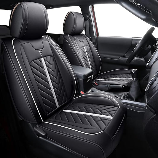 Tomatoman Tacoma Seat Covers Compatible with Toyota Tacoma 2005-2022 2023 2024 2025 2026 Truck Access Crew Double Cab TRD Offroad SR5 V6 Waterproof Faux Leather Car Cushions(Full Set/Black-White)