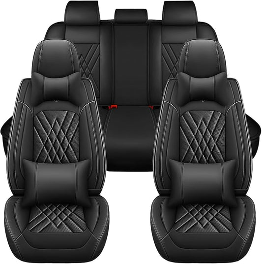 Car Seat Covers Compatible with Toyota Camry 2012-2026 Durable Waterproof Automotive Seat Covers Stretchable Fabric Material, Airbag Compatibility, Premium Nappa Leather(Black, Full Set with Pillow)