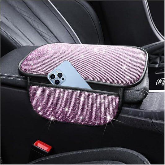 Bling Car Center Console Cover, Crystal Rhinestone Vehicle Armrest Cover Cushion with 2 Storage Bags for Women Girls, Diamond Auto Storage Box Protector Pad, Universal Fit (Pink)