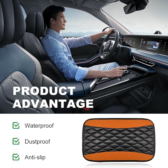 Car Center Console Cushion Pad, 12.6 × 7.48 Inches Waterproof Car Armrest Seat Box Cover, PU Leather Armrest Cover Protector for Most Vehicle, Universal Car Interior Accessories (Orange)