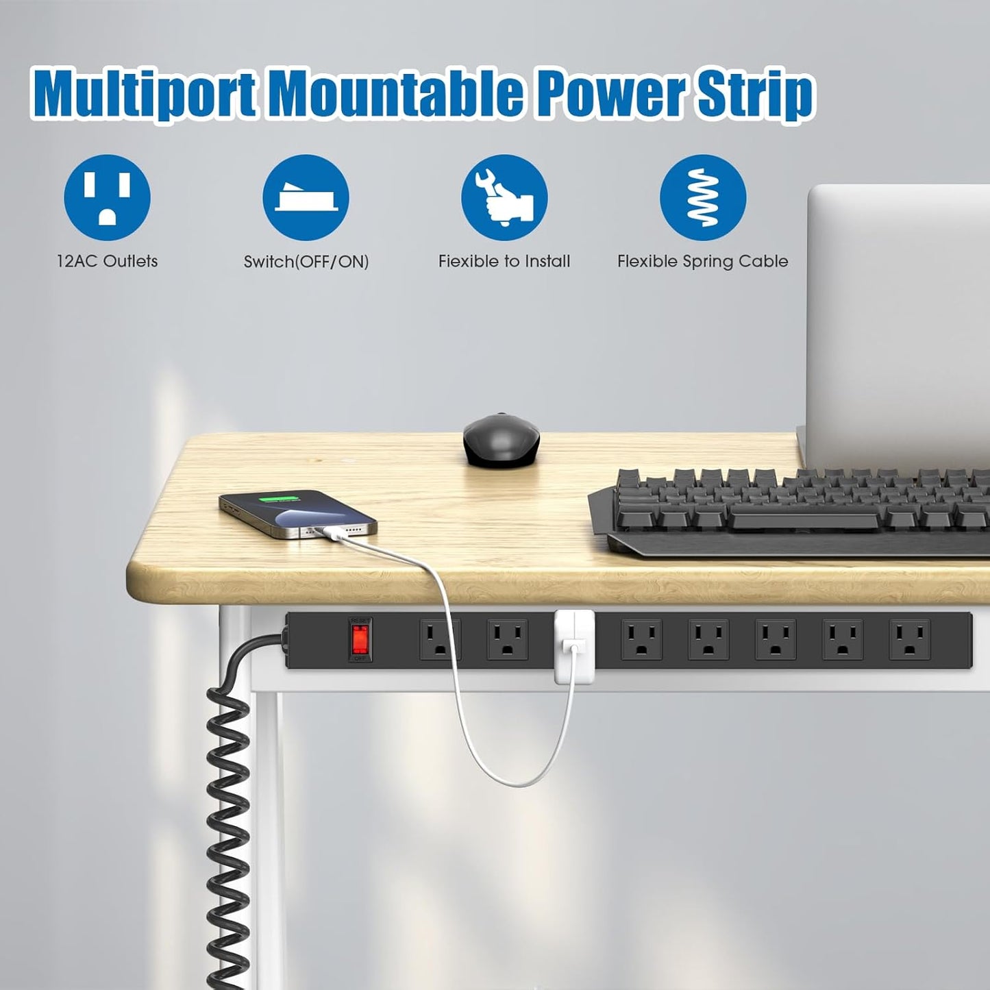 2Pack 8 Outlet Metal Wall Mount Power Strip, Mountable Outlet with Switch, Heavy Duty Wide Spaced Surge Protector, 6 FT SJT 14AWG Black Spring Cord.
