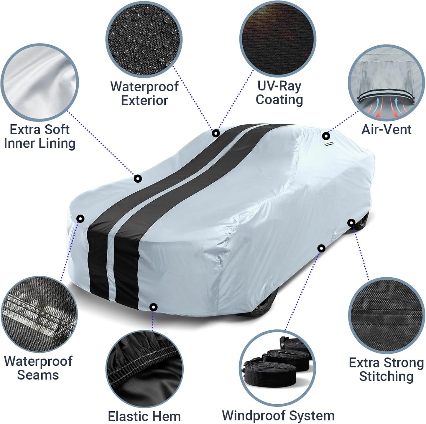 iCarCover Custom Car Cover for Pontiac Sunbird 2-Door (1976-1980) Waterproof All-Weather Rain Snow UV Sun Protector Full Exterior Indoor Outdoor Car Cover (Stripe - Gray/Black)