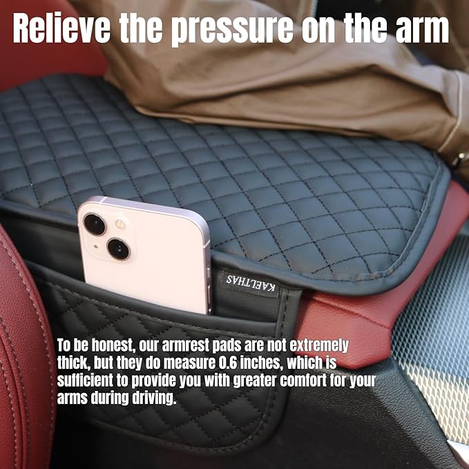 KAELTHAS Comfortable Car Center Console Cushion Armrest Dog Cat Paws Protect Cover Non-Slip with 2 Storage Bags for Cars SUVs CUVs Interior Accessories (Black, Long Narrow)