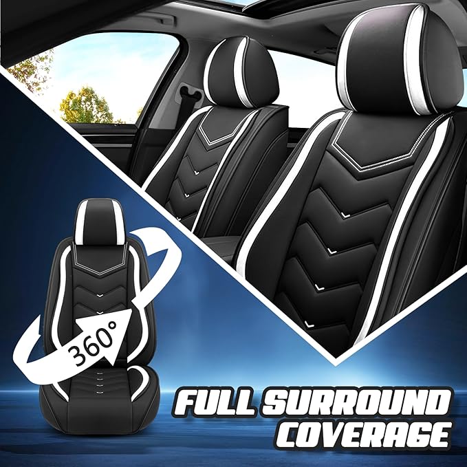 Car Seat Covers for Fiat 500 2012-2019, Premium Nappa Leather Car Seat Cover, Stylish Sport Seat Covers， Automobile Seat Cover Sets.(Standard 5 Seats/Black White)