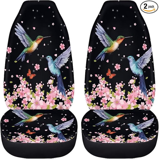 BIGCARJOB Flower Hummingbird Car Seat Cover Set for Front Seat Only,2 Pack Cherry Flower Birds Printed Auto Front Seat Protector Saddle Blanket for Women Girly Car Interior Accessories