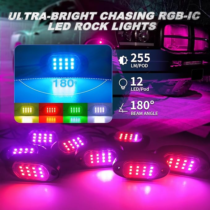 16Pods RGB LED Rock Lights for Semi Trucks Pickup Jeep Golf Cart ATV UTV RZR RV Offroad with APP/RF Remote Control, Dynamic Color Changing Underglow Kits Music Mode 12V Waterproof Chasing Underbody