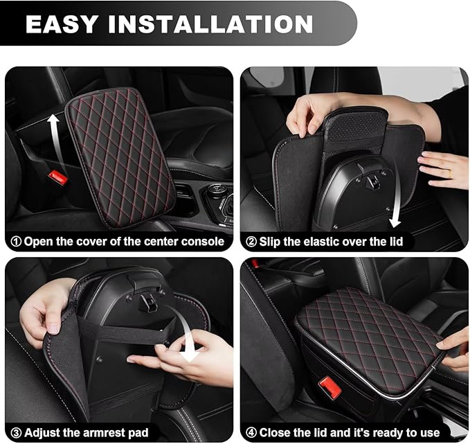 Upgraded Car Center Console Cover Fit for Tacoma Faux Leather Car Armrest Cover Cushion with 2 Storage Bags,Car Armrest Storage Box Interior Accessories(Black&Redline,F)