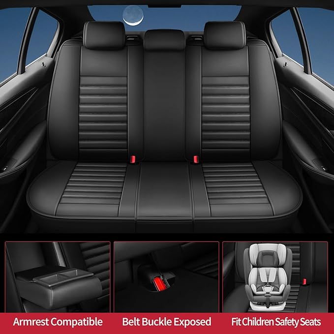 Fit Kona Car Seat Covers for Hyundai Kona 2018-2024 2025 2026 - Upgraded Premium Waterproof & Breathable Leather, Airbag Compatible, All-Weather Seat Cushion Protector (Full Set, Black)