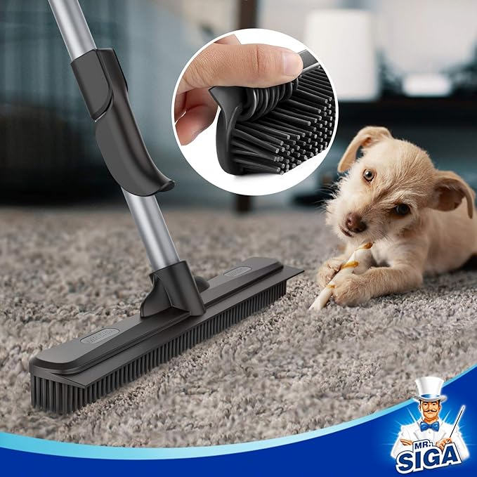 MR.SIGA Pet Hair Removal Rubber Broom with Built in Squeegee, 3 in 1 Floor Brush for Carpet, 61 inch Adjustable Handle, Includes 1 Microfiber Cloth for Floor Dusting