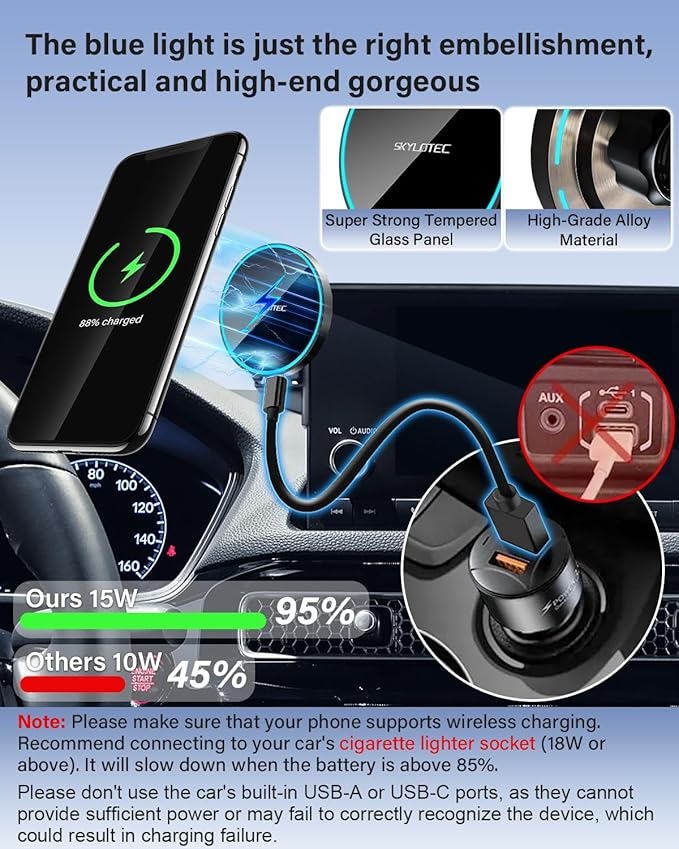 SKYLOTEC Phone Holder for 2021-2025 Ford Mustang Mach E Accessories 15.5-Inch Screen Fixed Clip, Car Magnetic Phone Mount Compatible with MagSafe, Magnets 15W Fast Wireless Charger Cell Phone Base