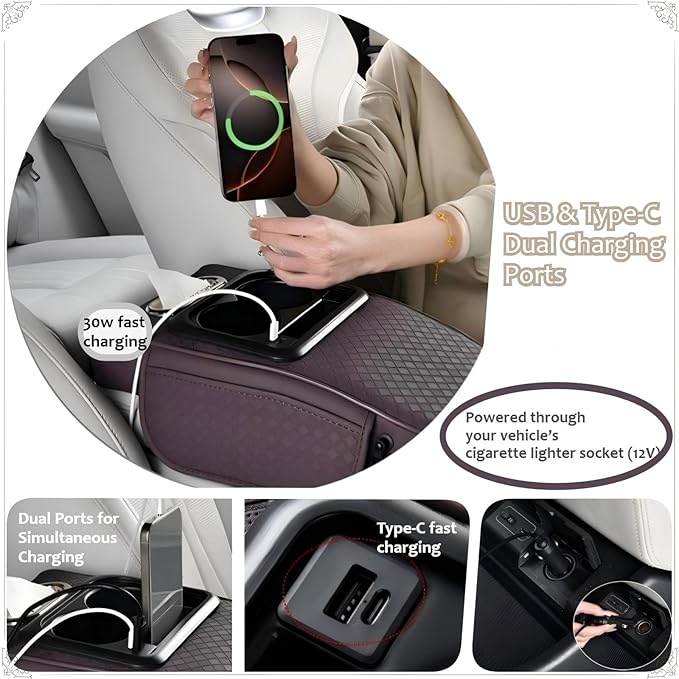 2026 Enhanced Car Center Console Armrest Cushion with USB& Type-C Charging, PU Leather Console Pad with Cup Holders, Storage& Tissue Outlet for Most Vehicles (Flat Version, Plum Purple)