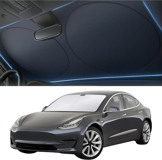 Tesla Windshield Sun Shade for Model 3 and Y - Size (56" x 36"), Premium 240T Reflective Sunshade, Heat Shield, UV Protection Foldable Front Window Sunshade with Storage Pouch Tesla Car Accessories