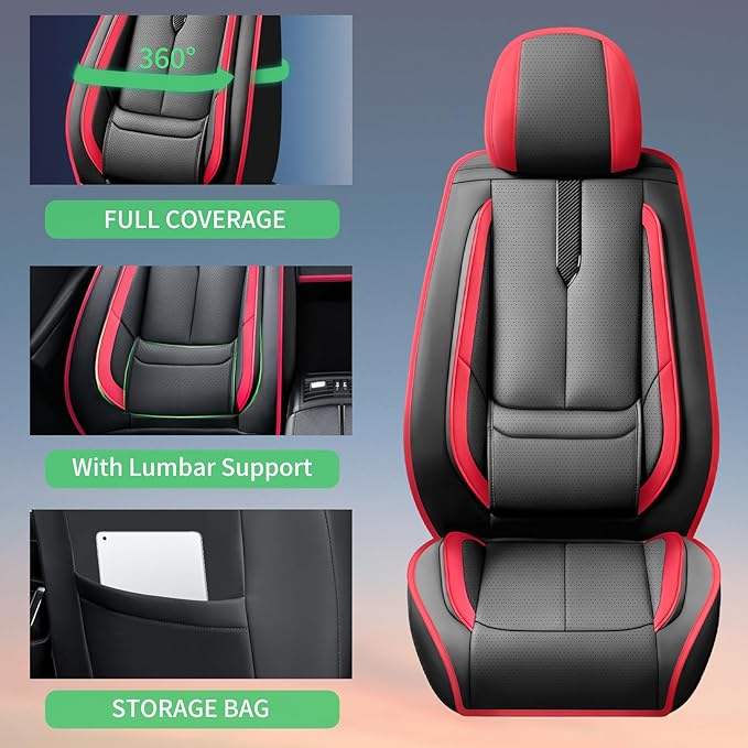 Fit Elantra Car Seat Covers for Hyundai Elantra 2017-2024 2025 2026 -Upgraded Premium Waterproof & Breathable Leather,Airbag Compatible,All-Weather Seat Cushion Protector,Full Set,Black-Red