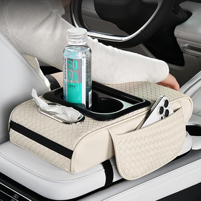 Car Armrest Cushion Cover Car Center Console Memory Foam Booster Pad with Storage Pocket and Tissue Hole for Sedan Vehicle (Cupholder - Orange, 13.39 * 7.68 * 2.95'' / 34 * 19.5 * 7.5cm)