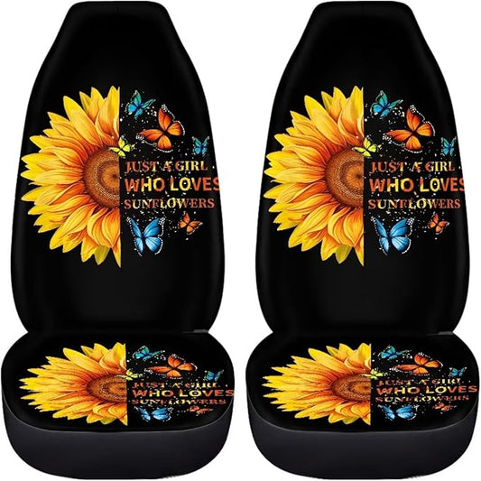 BIGCARJOB Sunflower Print Car Seat Cover Set for Front Seat Only,Sunshine Sunflower Auto Front Seat Protector Full Set Butterfly Car Interior Accessories,Universal Fit