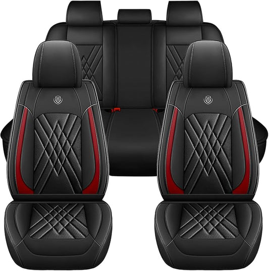 Car Seat Covers Compatible with Toyota Camry 2012-2026 Durable Waterproof Automotive Seat Covers Stretchable Fabric Material, Airbag Compatibility, Premium Nappa Leather(Black Red, Full Set)